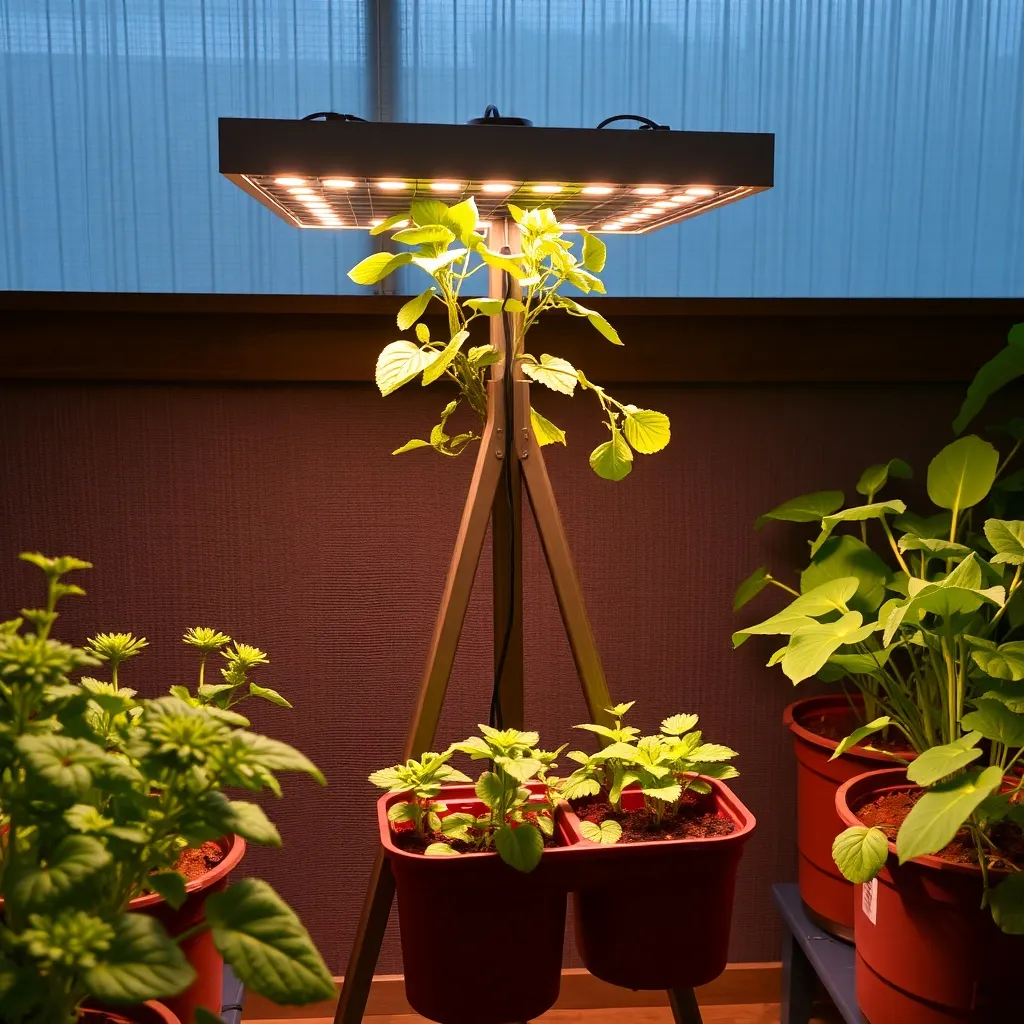 Indoor grow light over potted vegetables using tripod
