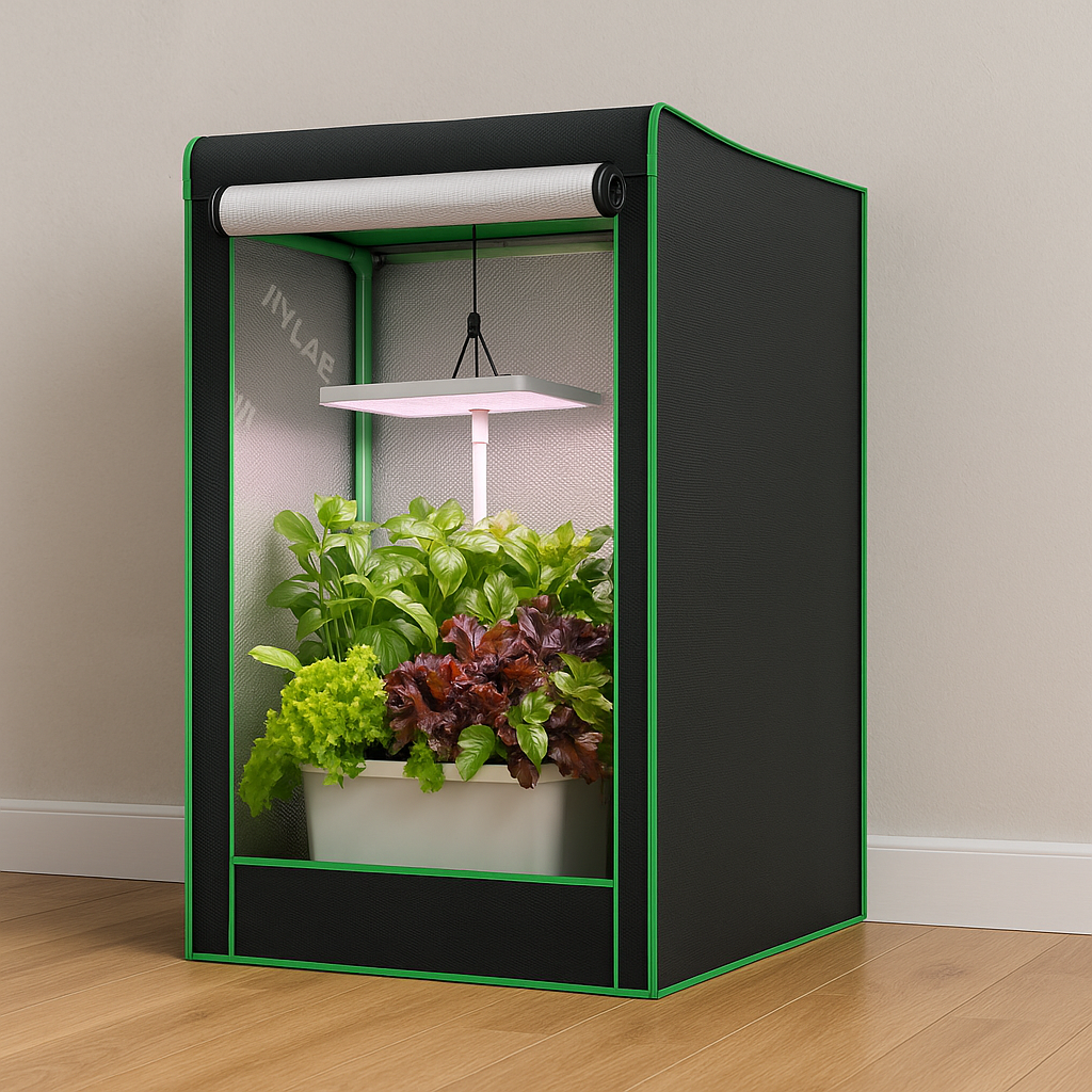 Indoor grow tent with LED grow light and leafy greens, showing how to set up grow lights for home gardening in the UK