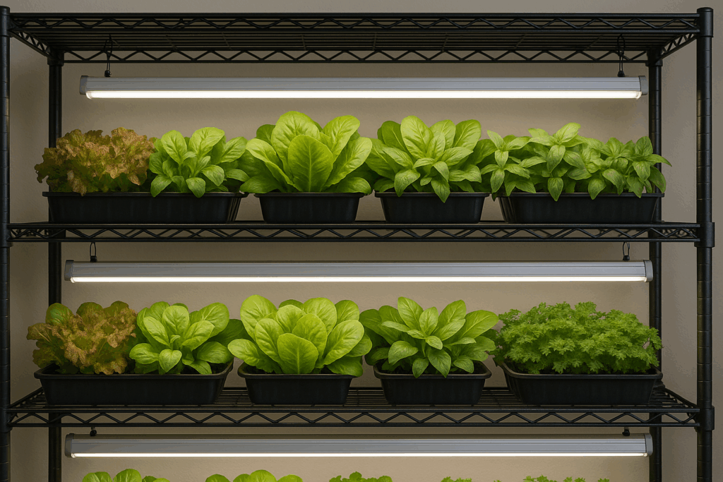 Indoor grow light setup on shelving unit with LED bar lights (similar to Barrina T5) growing lettuce, basil, and herbs in the UK.