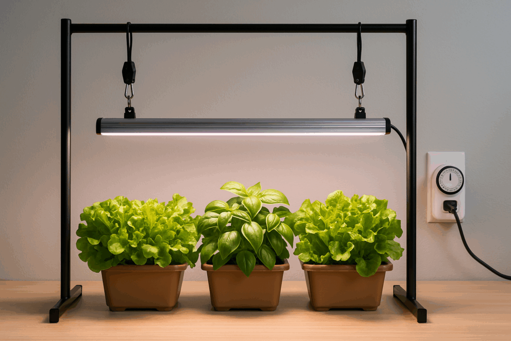 How to set up grow lights indoors using a stand with ratchet hangers and a timer, growing lettuce and basil under an LED bar light.
