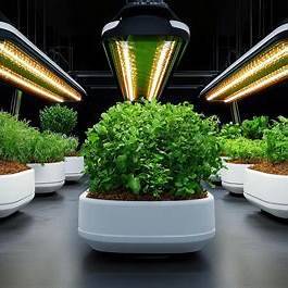 LED grow lights over indoor herbs and greens for home growing in the UK 