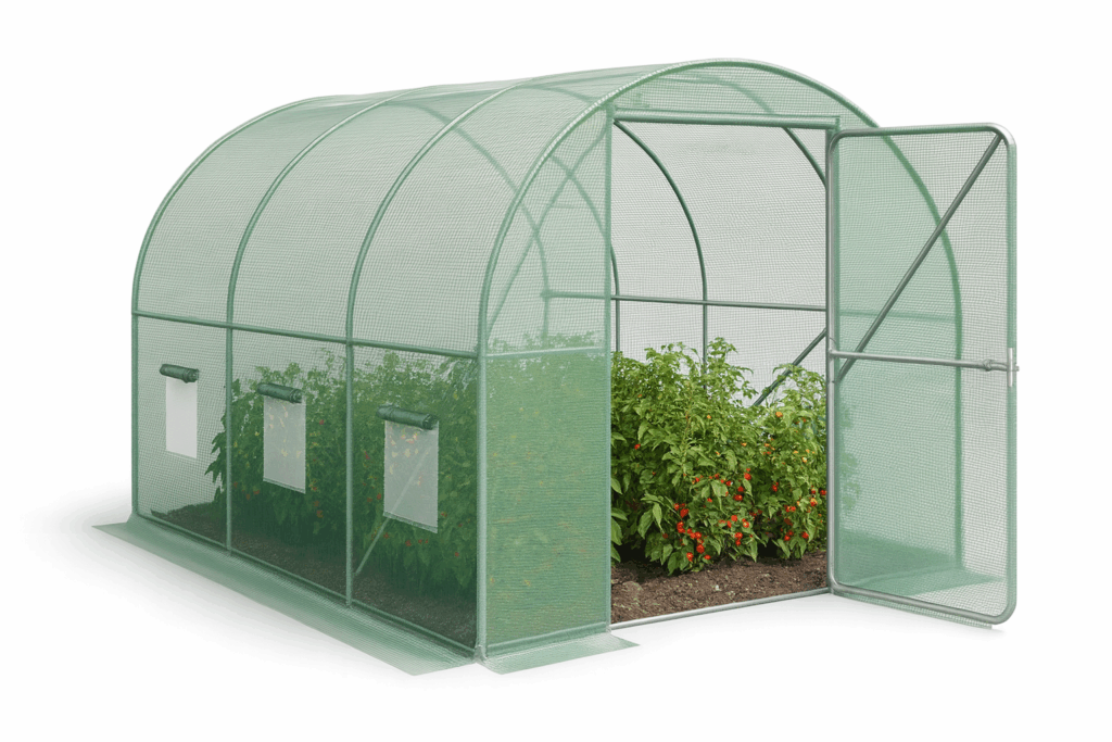 Small green polytunnel greenhouse with open door and tomato plants growing inside, ideal for UK gardens