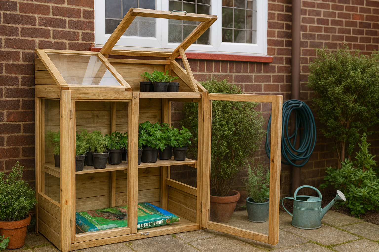 Small wooden greenhouse in a UK garden as described in my top 10 best small greenhouses and polytunnels UK (2025) guide.
