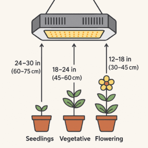 Grow lights distance chart showing seedlings, vegetative and flowering plants under LED grow lights with correct heights in inches and cm.