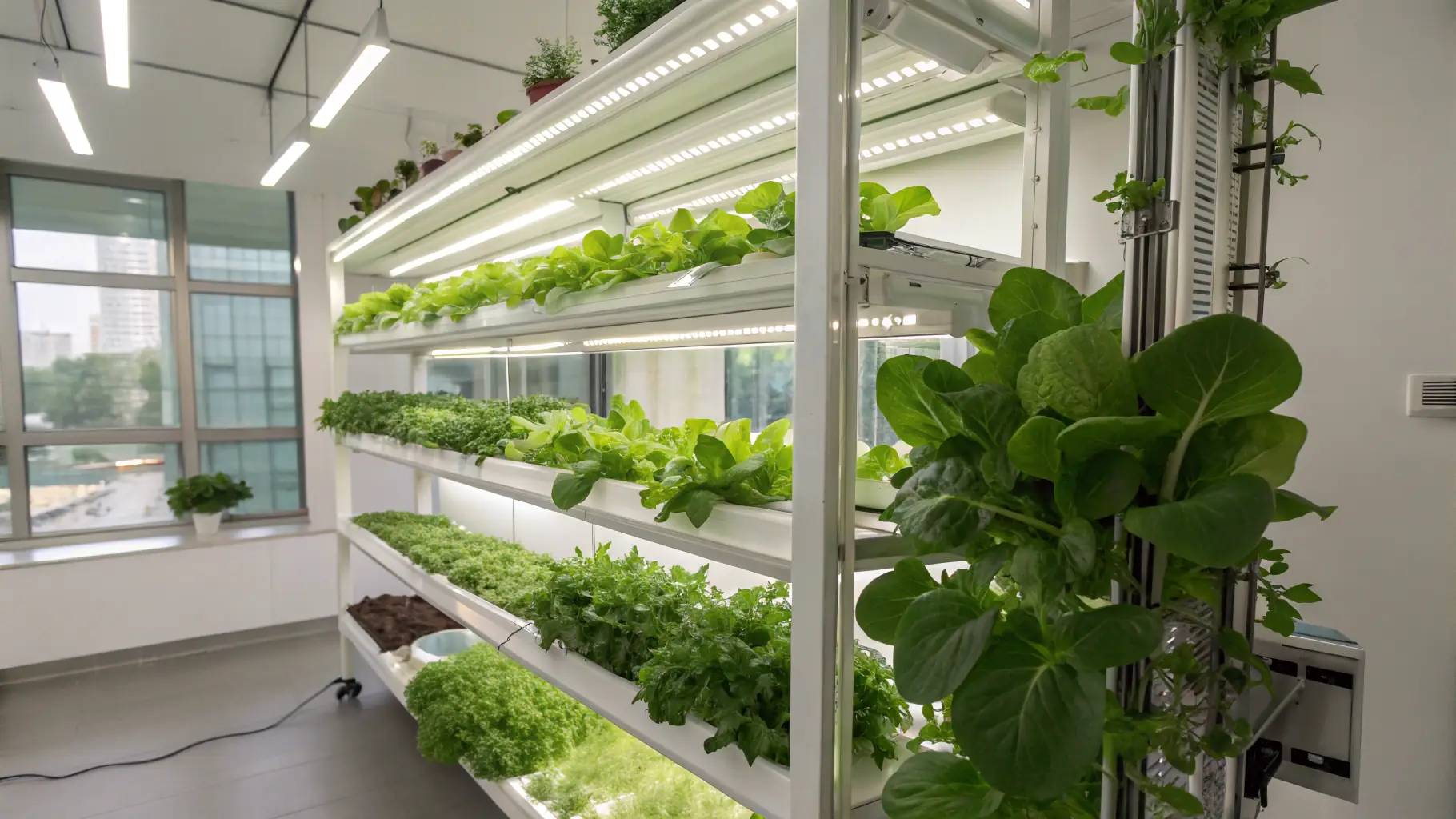 Indoor grow lights UK – LED shelf system growing leafy greens and herbs