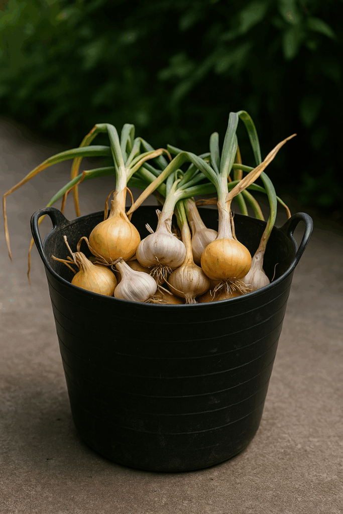Fresh onions and garlic showing that vegetables can be grown indoors in buckets