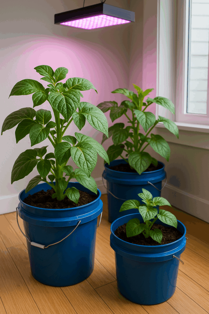 How to grow vegetables indoors in buckets with potatoes under LED grow lights.
