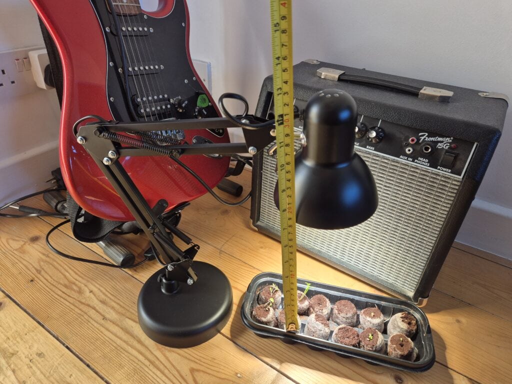 Measuring the distance from Sansi grow light bulb to seedlings.