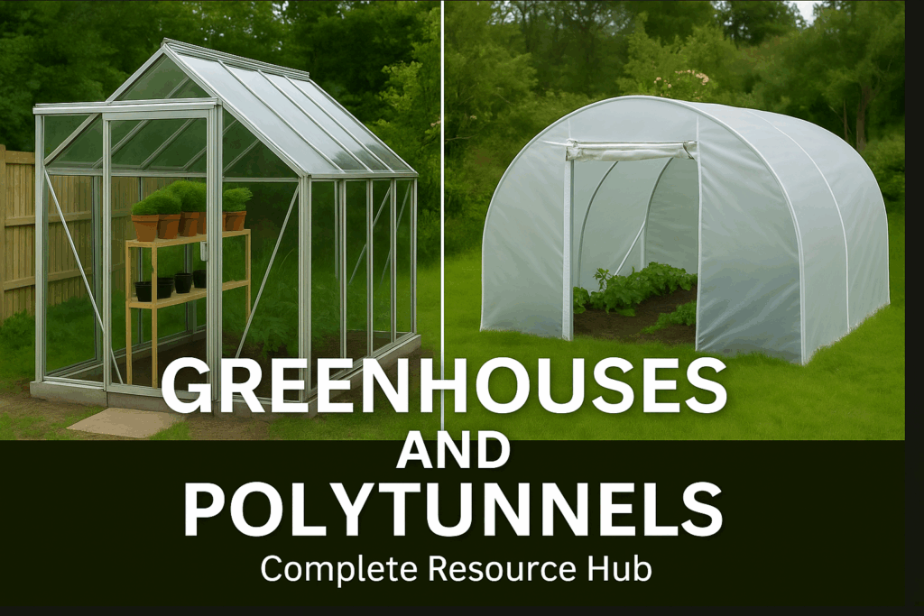Greenhouses and polytunnels UK resource hub featured image showing a glass greenhouse and a white polytunnel in a garden.
