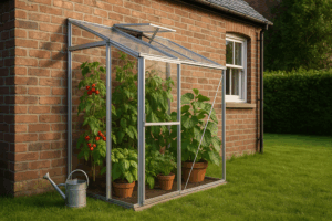 Best lean to greenhouse UK attached to a red brick house with tomatoes, peppers and herbs growing inside.