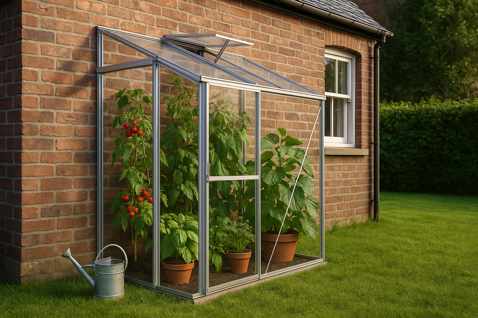 Best lean to greenhouse UK attached to a red brick house with tomatoes, peppers and herbs growing inside.