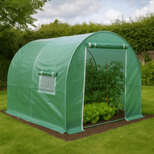 Best polytunnels UK – medium polytunnel in a UK garden with tomatoes and lettuce growing inside.