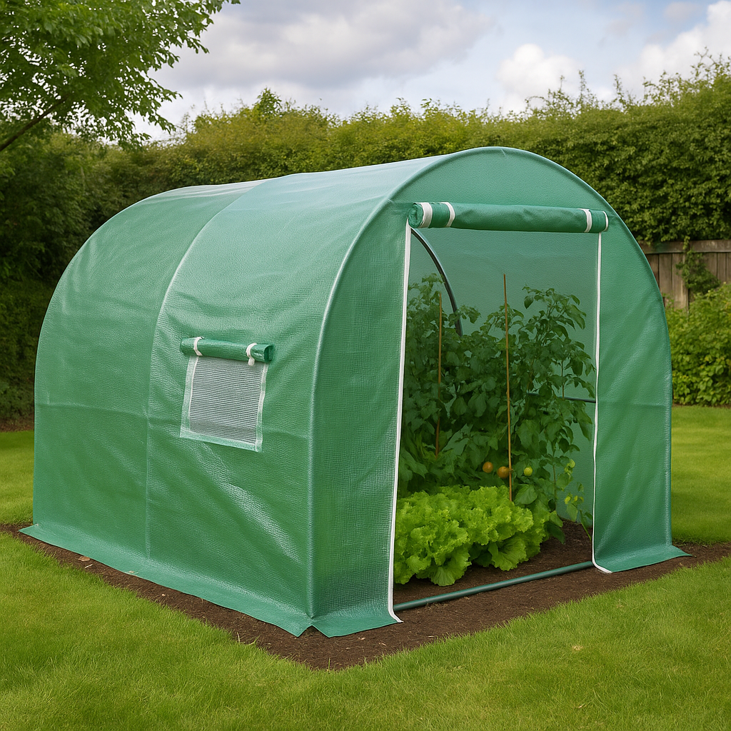 Best polytunnels UK – medium polytunnel in a UK garden with tomatoes and lettuce growing inside.