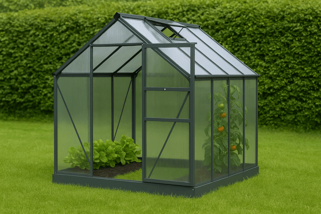 Best small greenhouses UK – compact 6x4ft polycarbonate greenhouse with aluminium frame and plants growing inside, set against a garden hedge.