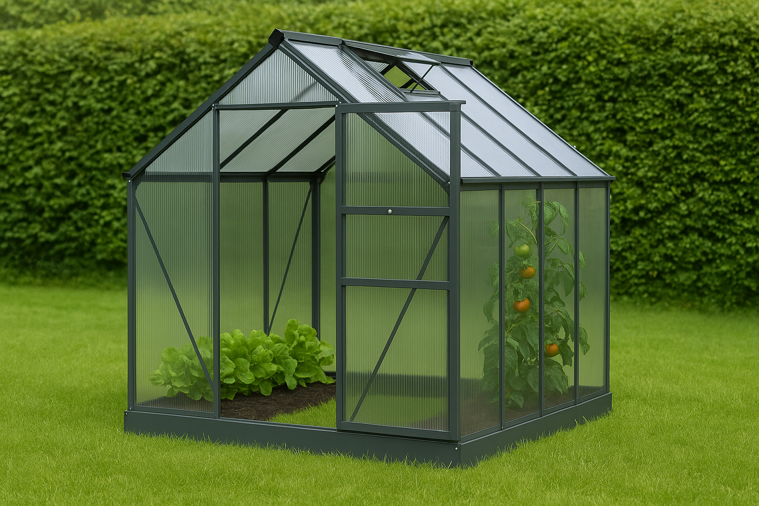 Best small greenhouses UK – compact 6x4ft polycarbonate greenhouse with aluminium frame and plants growing inside, set against a garden hedge.