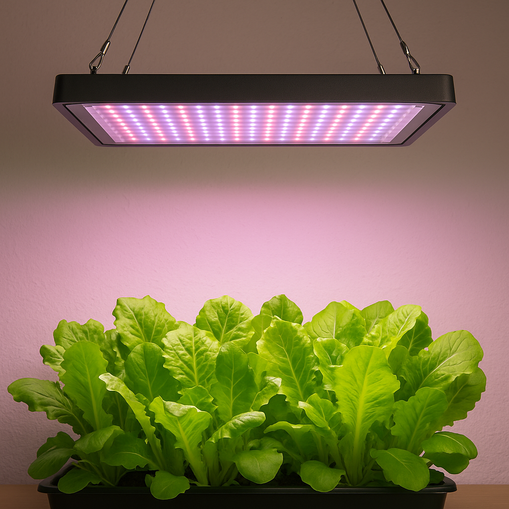 ompact LED grow light panel hanging above a tray of leafy greens indoors
