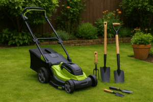 Cordless lawnmower with spade, fork, and hand tools arranged on a green lawn in a UK garden with flower borders and potted plants