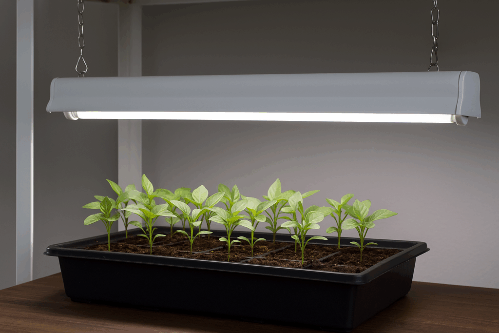 T5 fluorescent grow light fixture shining cool white light on seedling tray indoors