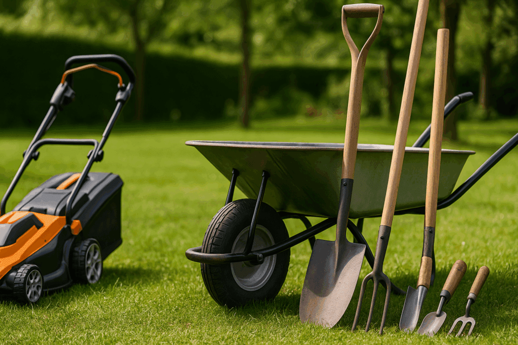 Garden tools and equipment UK including a cordless lawn mower, wheelbarrow, spade, fork and trowel on grass in a sunny garden.