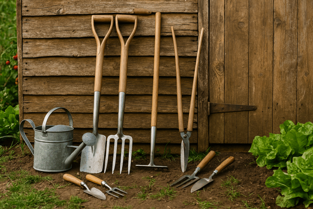 Essential garden tools UK set in front of a wooden shed including spade, forks, trowel, and watering can