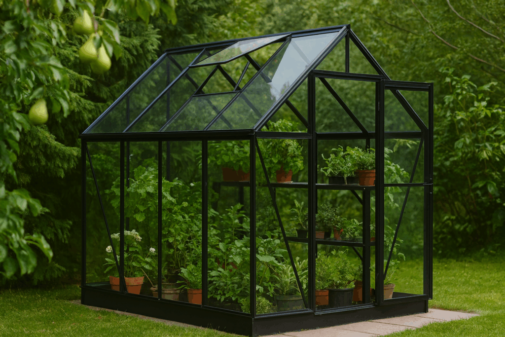 Traditional glass greenhouse with black metal frame in a UK garden surrounded by plants and pots
