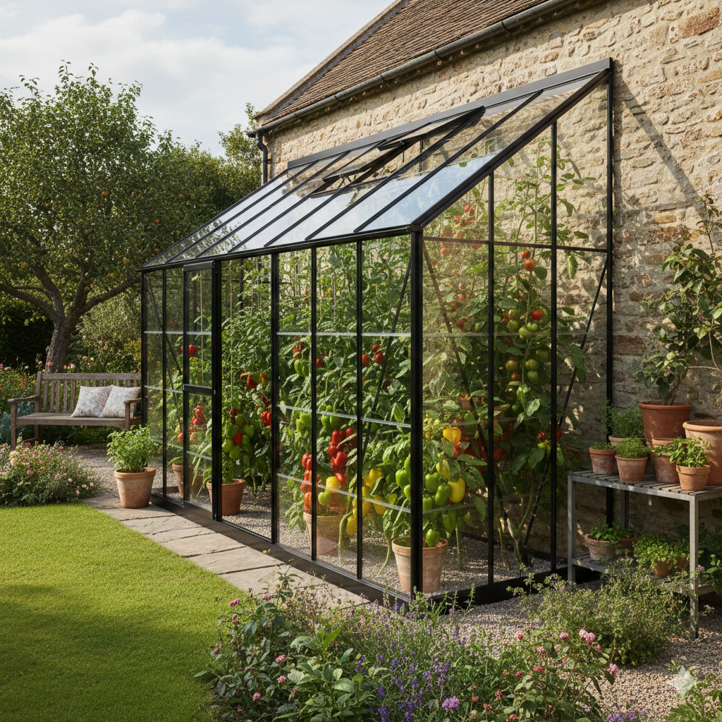 A glass lean to greenhouse in a UK garden.