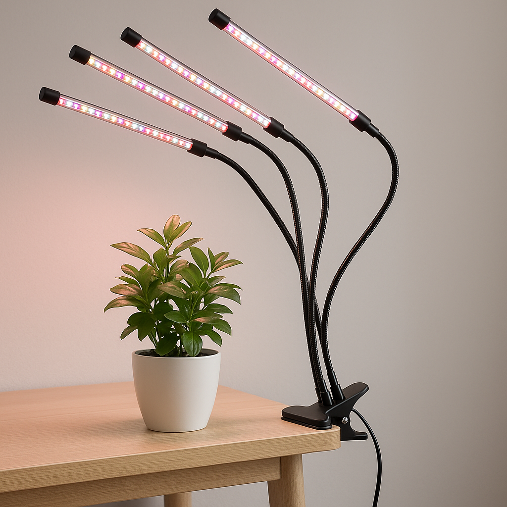 Four-head gooseneck LED grow light clamped to table edge, shining on potted plant