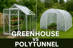 Greenhouse vs polytunnel comparison in a UK garden showing a glass greenhouse with shelves beside a green polytunnel used for growing vegetables.