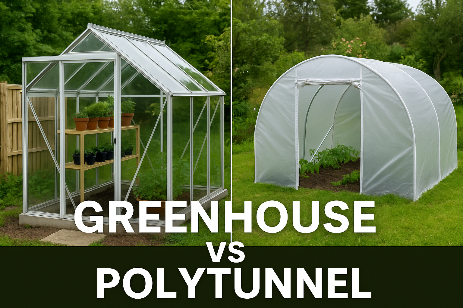Greenhouse vs polytunnel comparison in a UK garden showing a glass greenhouse with shelves beside a green polytunnel used for growing vegetables.