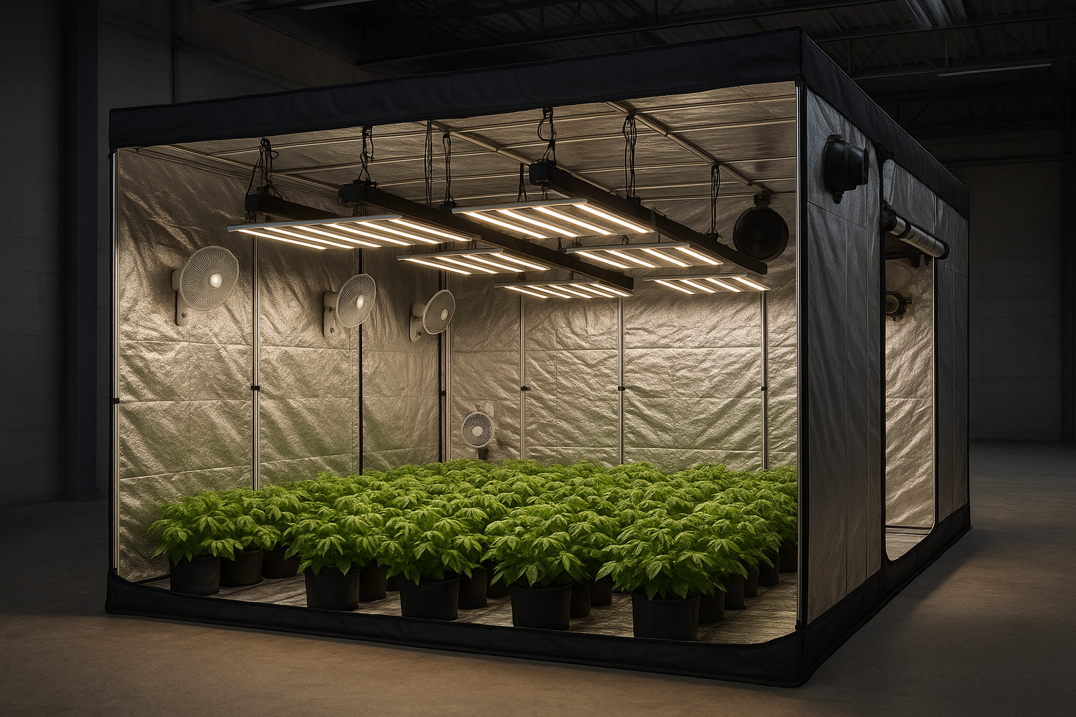 Large grow tent setup with multiple LED lights and ventilation fans showing an efficient grow light setup for different tent sizes.