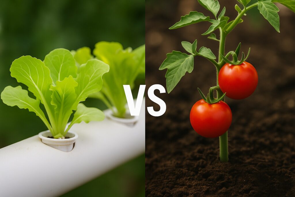 Hydroponics vs soil growing a visual illustration side by side
