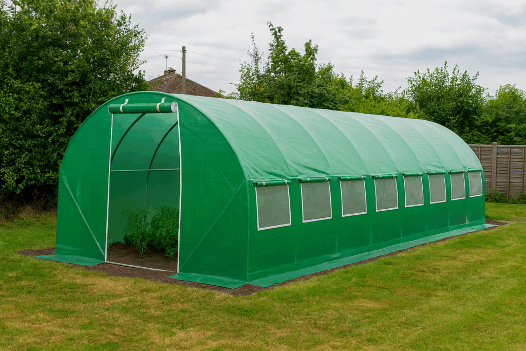 Large polytunnel in a UK garden. An example of one of the best polytunnels UK.
