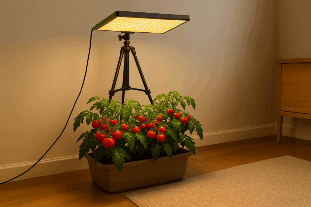Top 10 LED grow lights UK – indoor tomato plants growing under a tripod LED grow light in a home setting (2025).