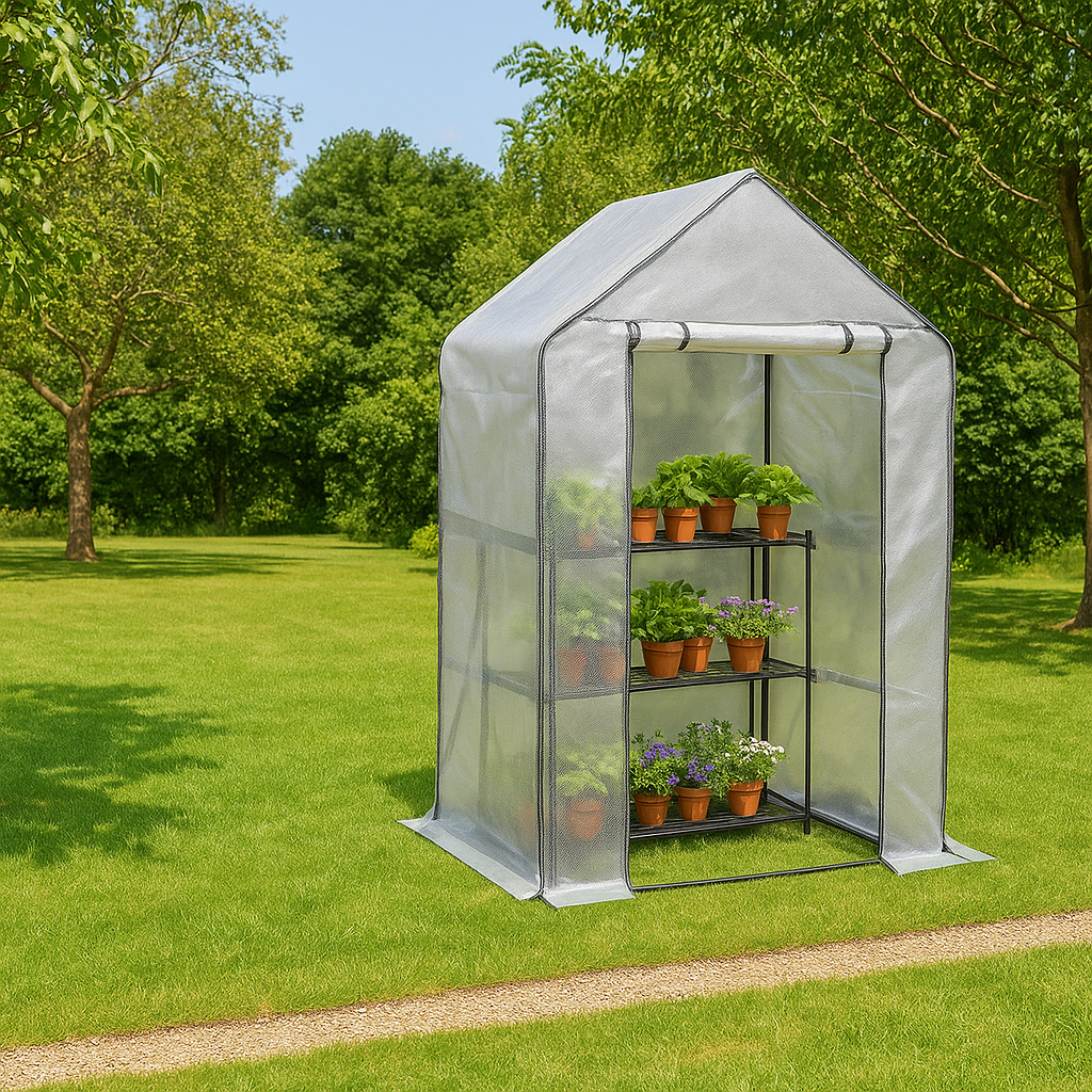 Small plastic greenhouse with transparent cover and metal frame in a UK garden surrounded by green grass and trees