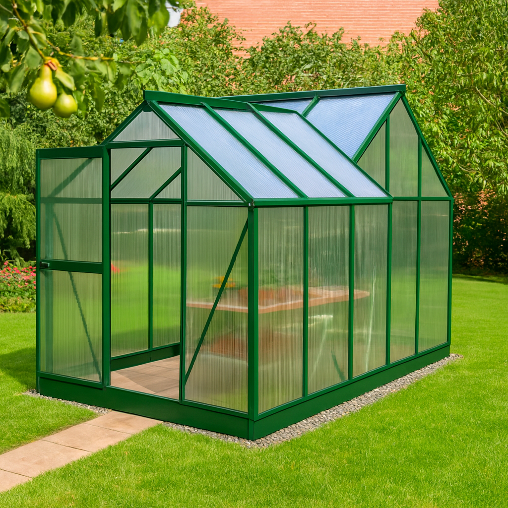 Green polycarbonate greenhouse with frosted twin-wall panels in a UK garden surrounded by plants and trees