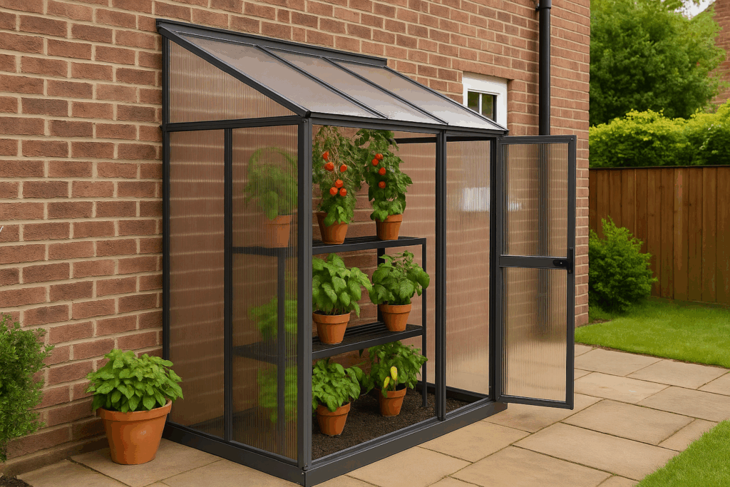 polycarbonate lean to greenhouse in a uk garden