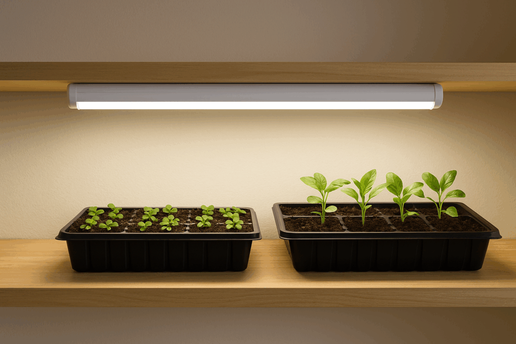 Single slim LED grow light bar mounted under a shelf, shining on tray of seedlings
