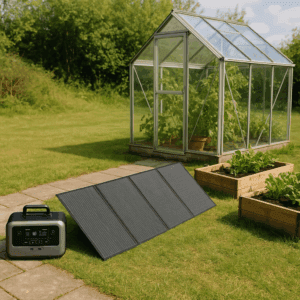 Solar panel and portable power station beside a small greenhouse and raised garden beds in a UK garden – sustainable home growing setup