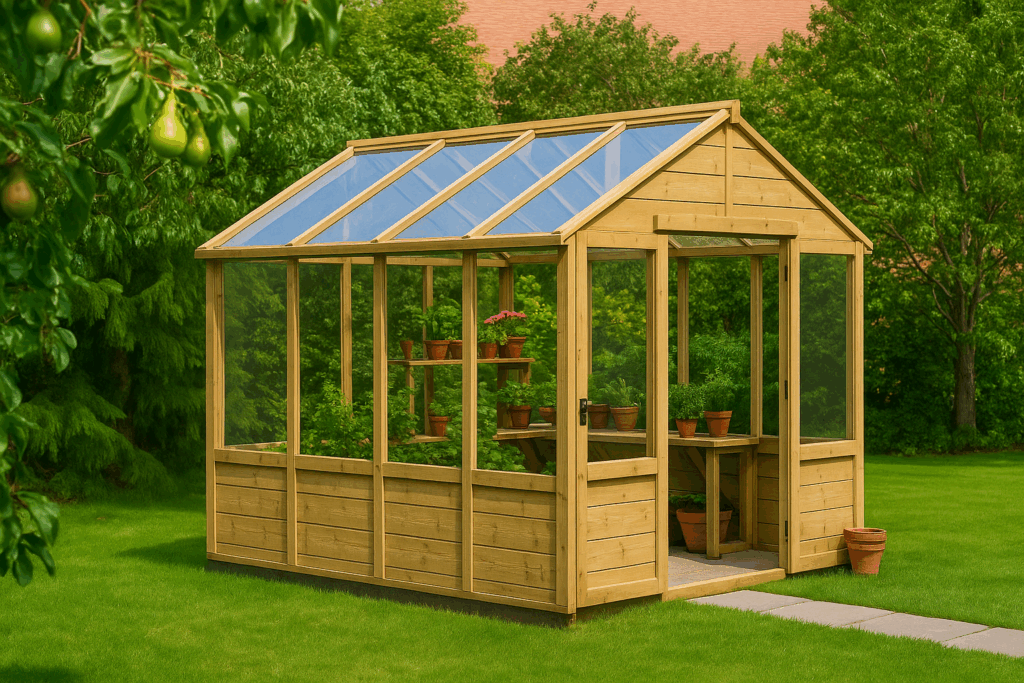 Wooden greenhouse with clear glass panels and timber frame in a UK garden surrounded by trees and plants