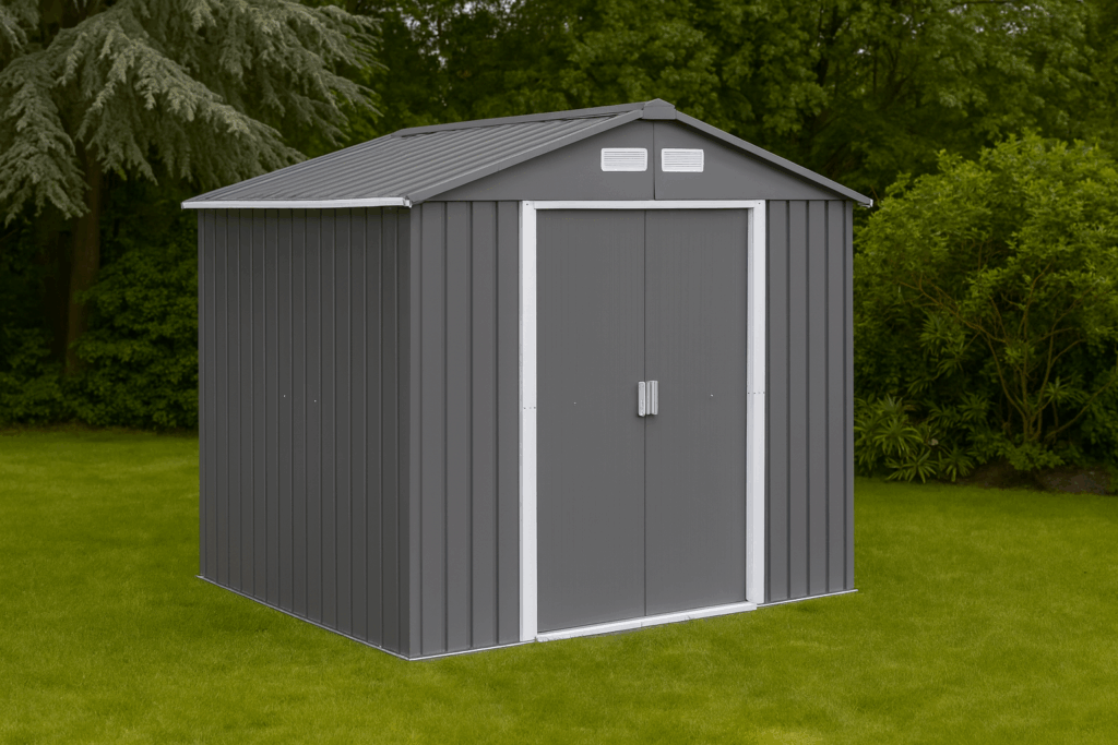 A dark grey metal garden shed in a UK garden setting – illustrating the best metal sheds.