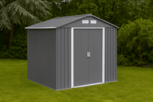 Illustration of a grey medium metal shed - showing one of the best metal sheds.