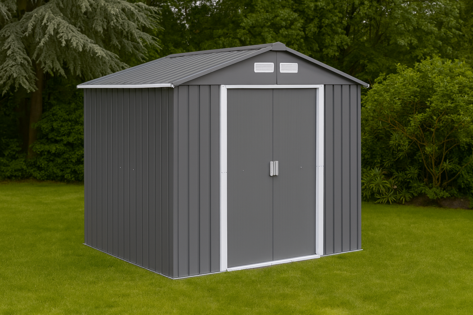 Illustration of a grey medium metal shed - showing one of the best metal sheds.