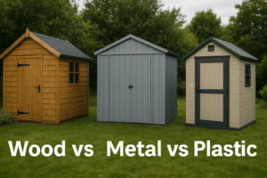 Best type of garden shed comparison showing wooden, metal and plastic sheds side by side in a UK garden.