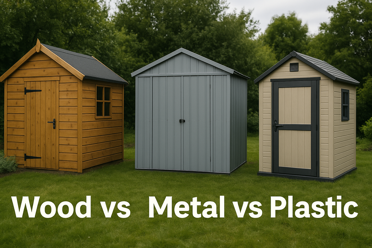 Best type of garden shed comparison showing wooden, metal and plastic sheds side by side in a UK garden.