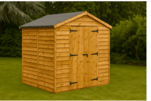 A natural wooden garden shed on a green lawn with trees in the background – hero image for Best Wooden Sheds UK