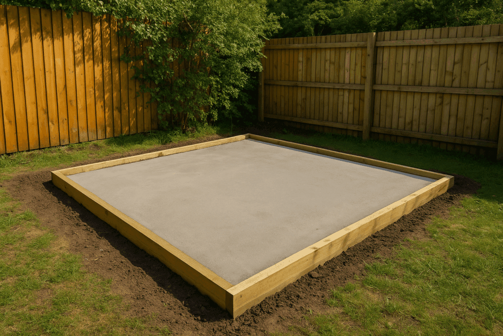 Freshly poured concrete shed base in a UK garden, showing how to prepare a shed base with a level timber frame.