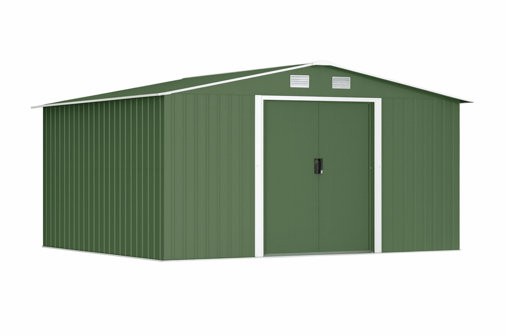 Generic example of a large metal shed in green.
