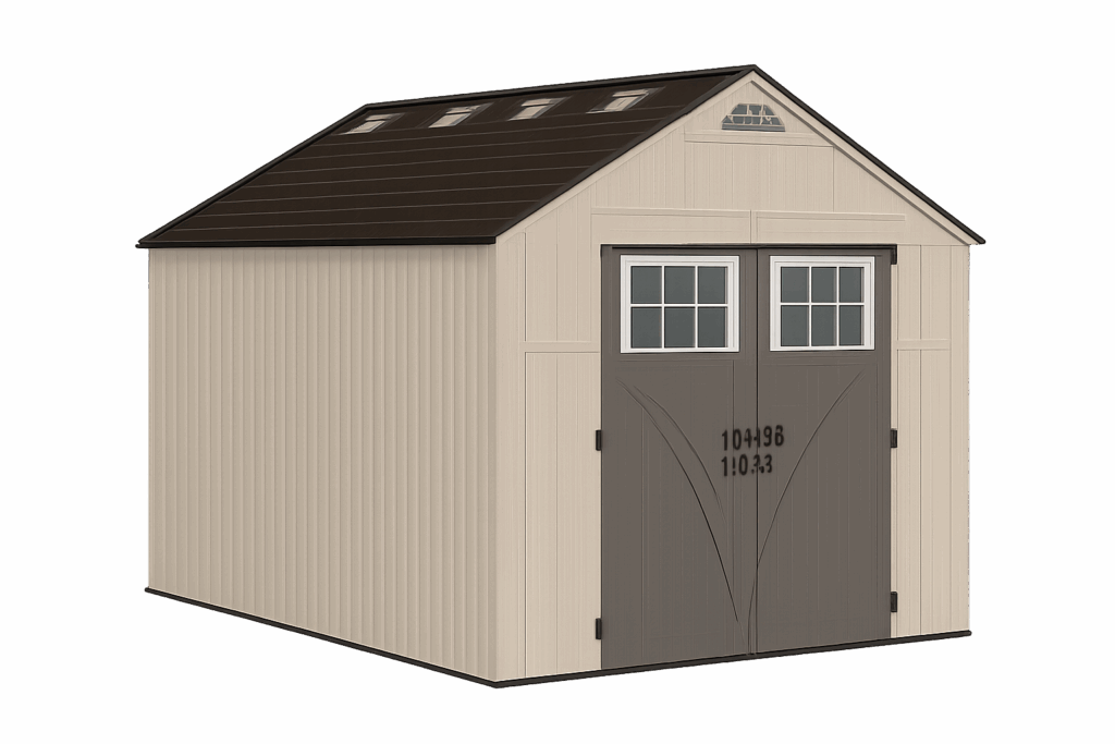 Large plastic garden shed with double doors and skylight windows – best plastic sheds UK
