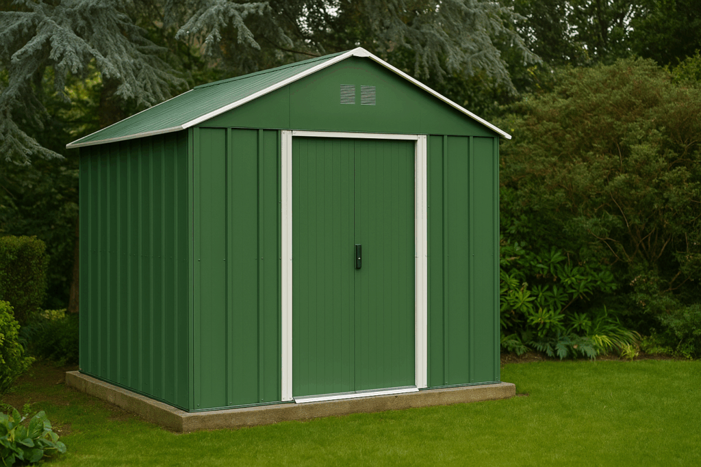Example of a metal garden shed in a UK garden.