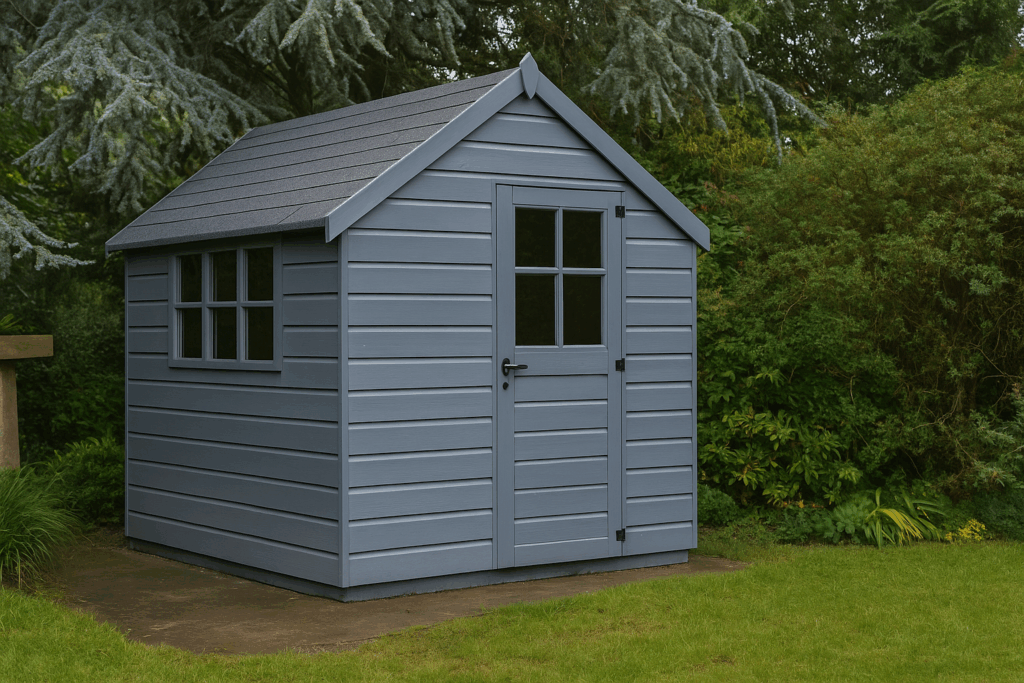 Example of a painted wooden garden shed in a UK garden.
